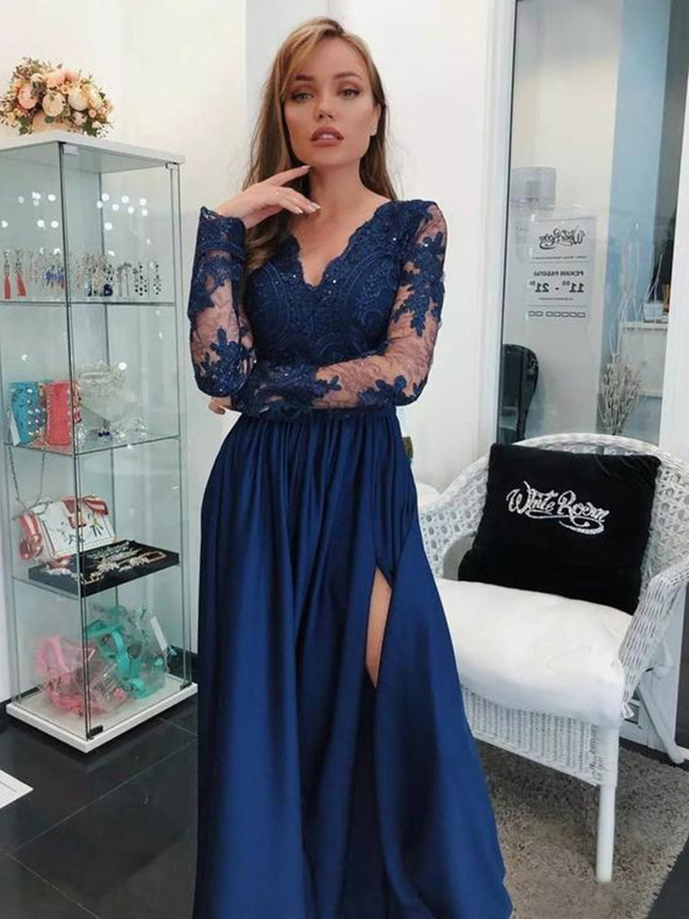 navy blue long gown with sleeves