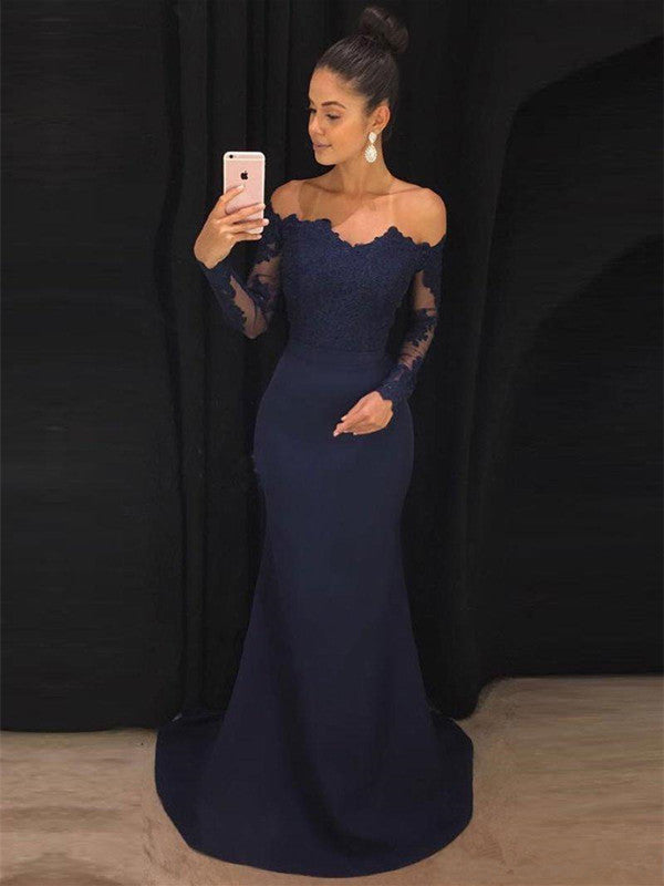 navy blue formal gown with sleeves