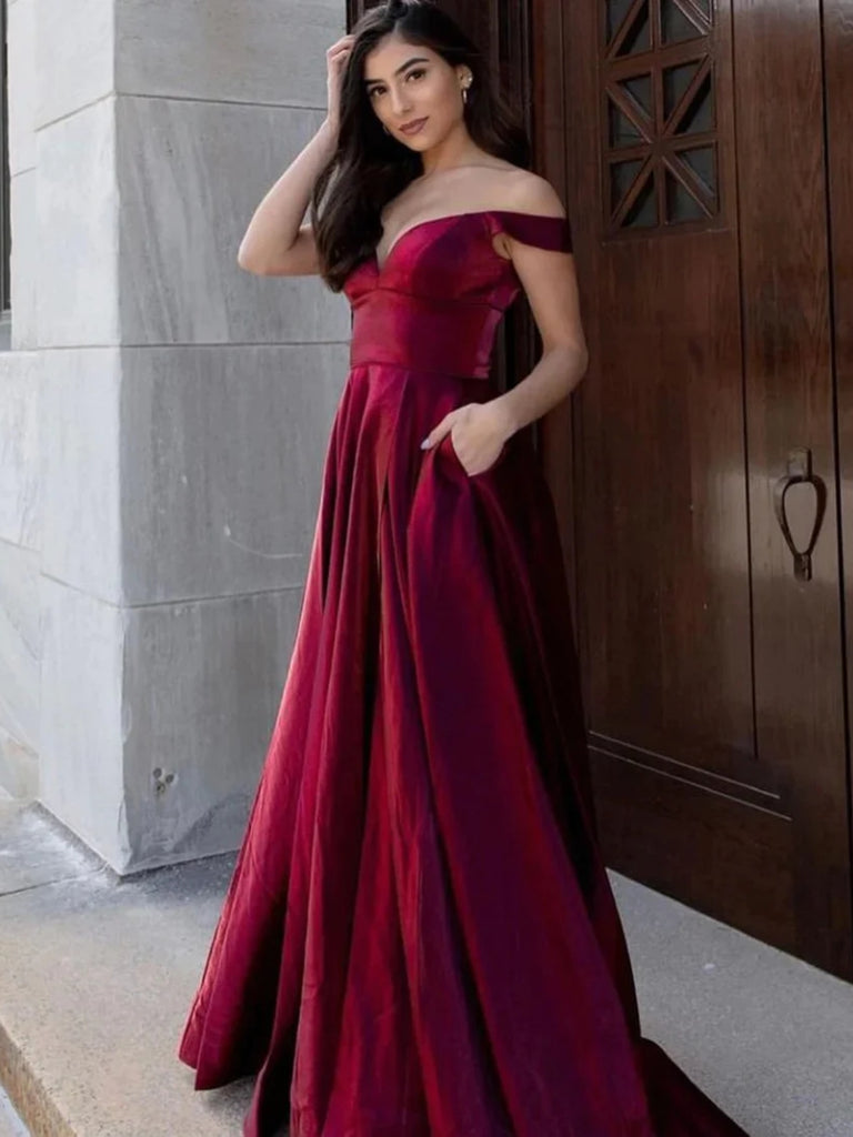 Off Shoulder Burgundy Velvet Long Prom Dresses with Pocket, Long Burgu ...