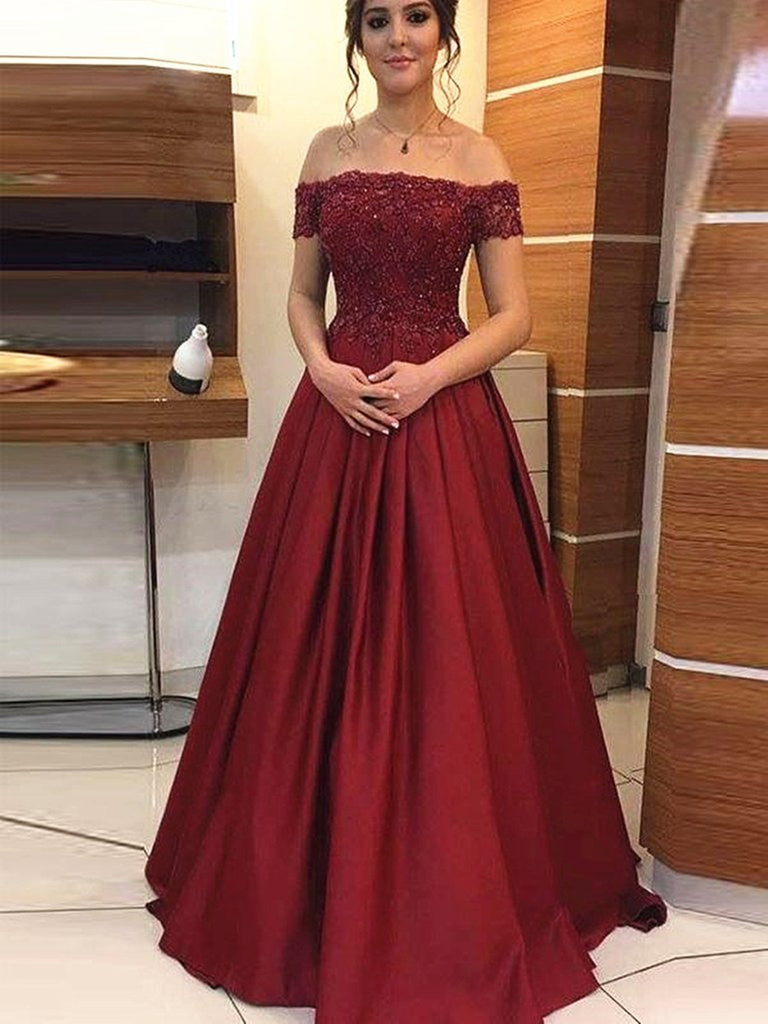 off the shoulder maroon prom dress