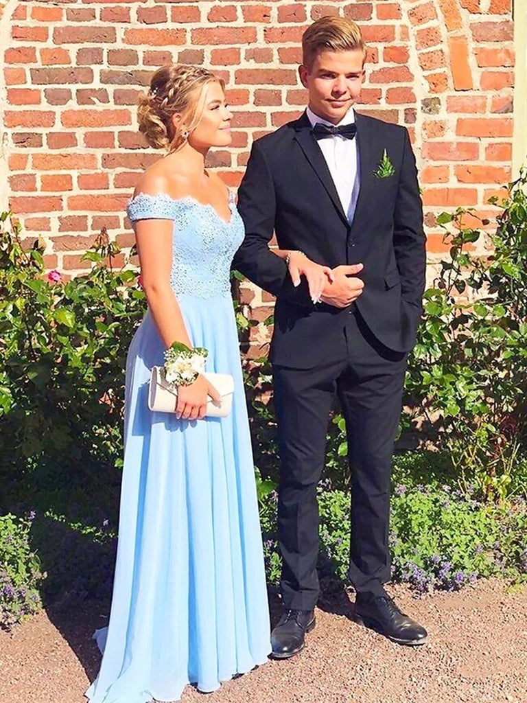 light blue off the shoulder prom dress