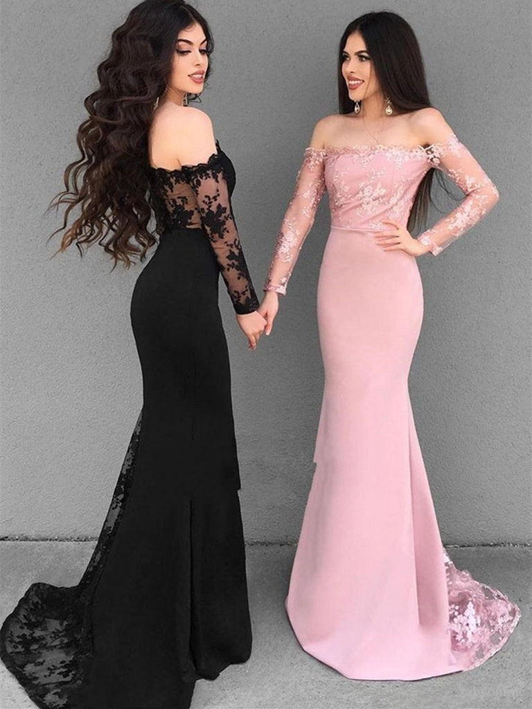 Off Shoulder Long Sleeves Mermaid Lace Black/Pink Prom Dresses, Lace B