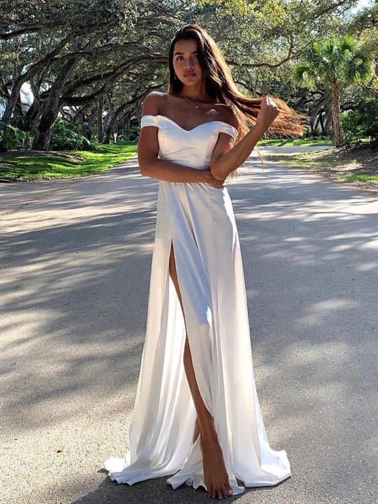 white formal dress off the shoulder