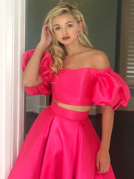 Off The Shoulder 2 Pieces Hot Pink Long Prom Dresses Off Shoulder Hot Shiny Party 4257