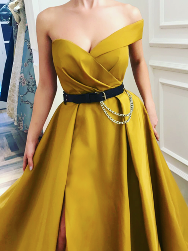 One Shoulder Canary Yellow Ball Gown 