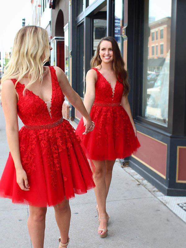 Red V Neck Lace Prom Dresses, Red 