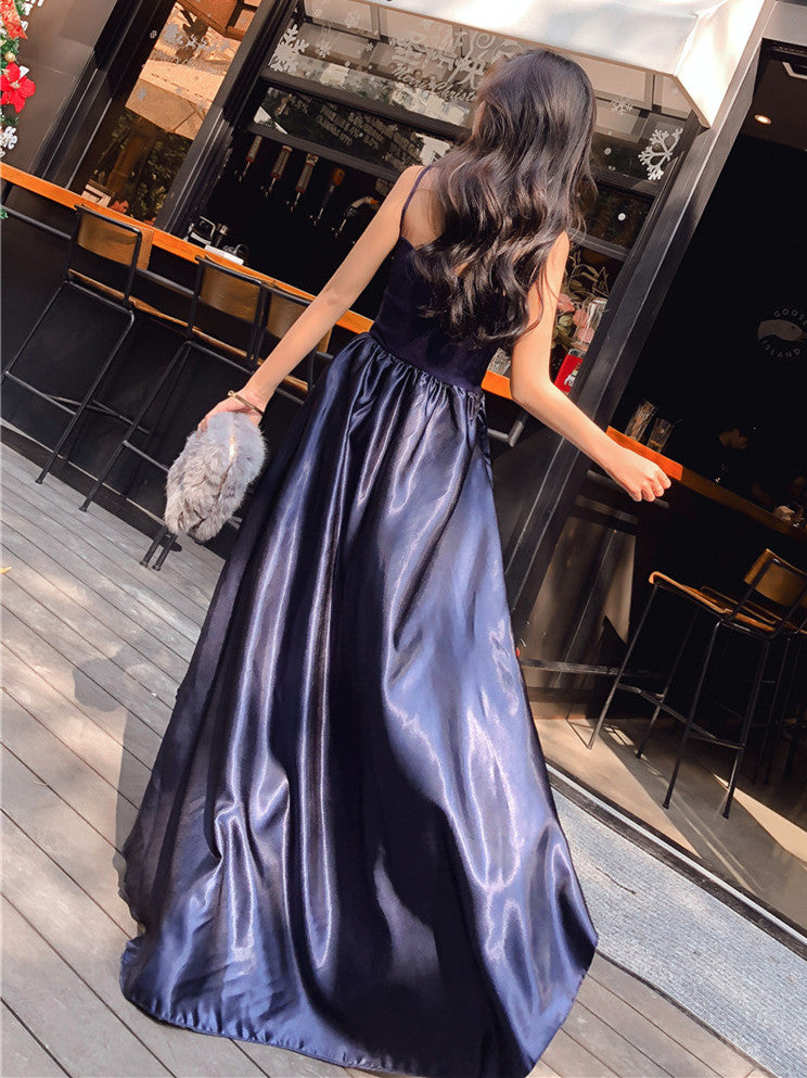 satin navy blue prom dress