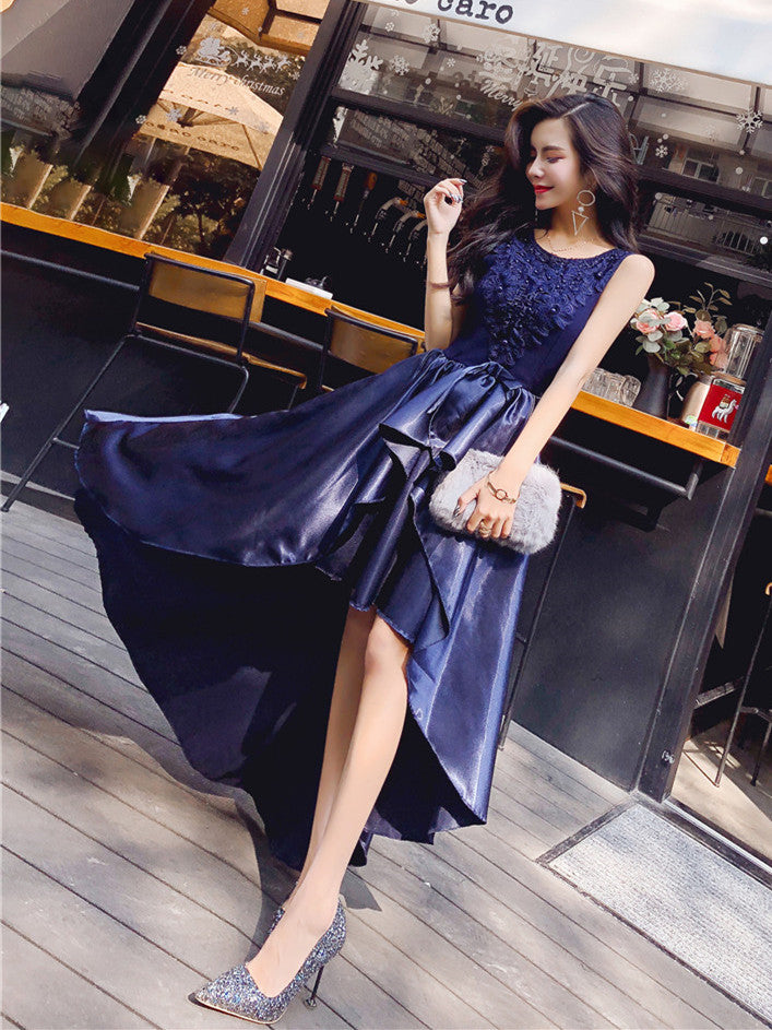 navy high low formal dress