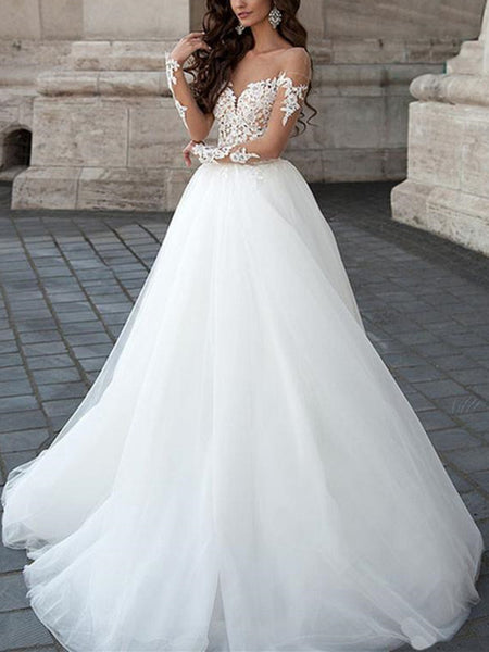 Round Neck Long Sleeves Backless Lace White Wedding Dresses, Lace Whit ...