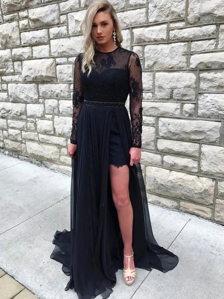 black formal dress with lace sleeves