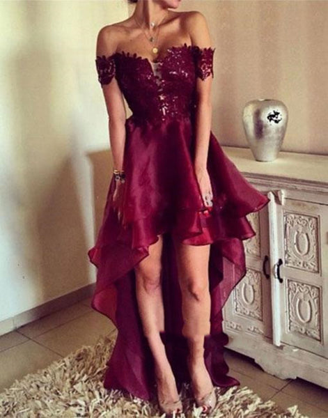 Sexy Off Shoulder High Low Organza Backless Maroon Lace Prom Dress, Hi ...
