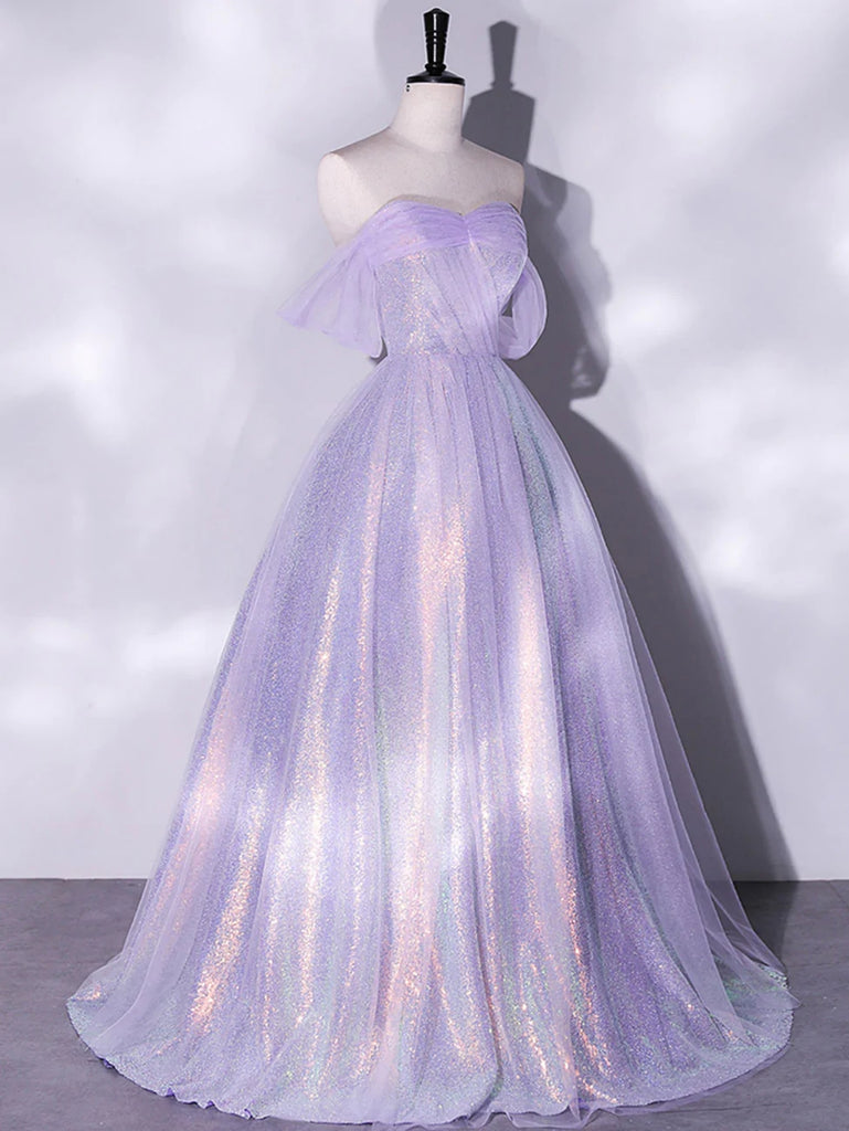 Shiny Off Shoulder Purple Long Prom Dresses, Off the Shoulder Formal D ...