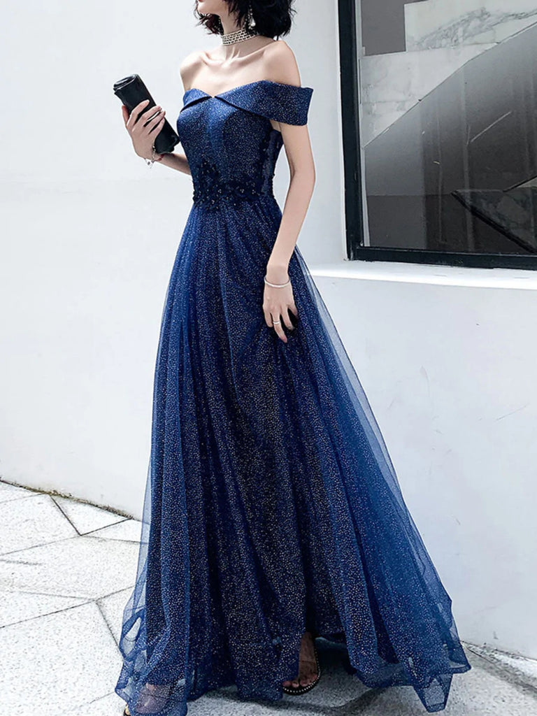 Shiny Tulle Off Shoulder Navy Blue Long Prom Dresses Off The Shoulder Shiny Party 3974