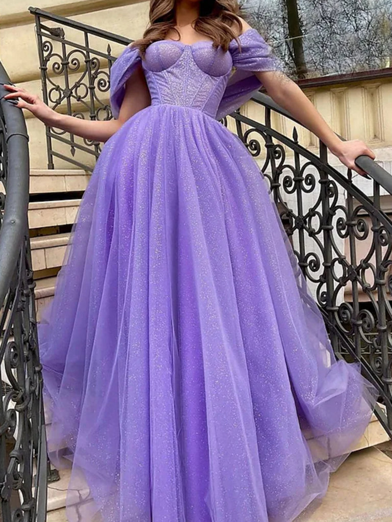 Shiny Tulle Off Shoulder Purple Long Prom Dresses Purple Formal Dress Shiny Party 