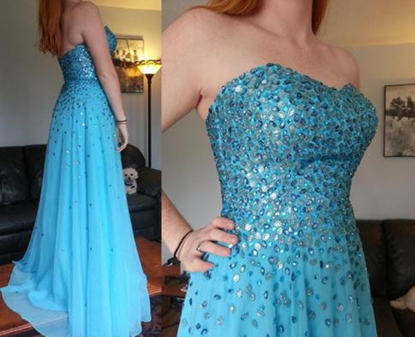 Simple Sky Blue Sweetheart Strapless Prom Dresses With Beading, Sky Bl ...