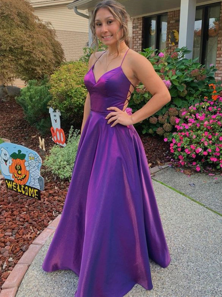 Simple V Neck Backless Purple Satin Long Prom Dresses V Neck Purple F Shiny Party 7014