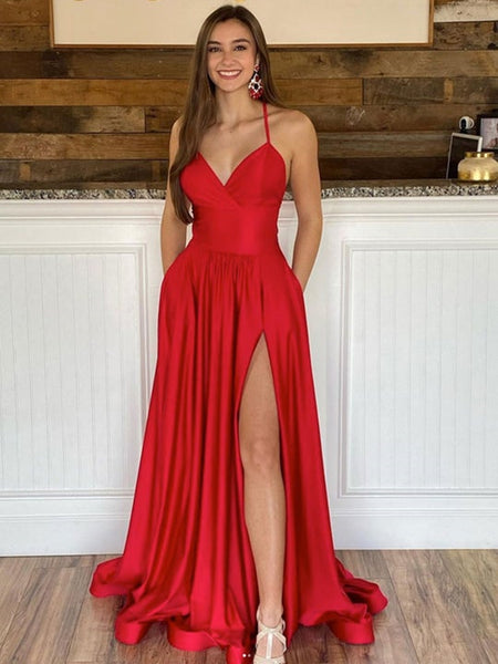 Simple V Neck Backless Red Satin Long Prom Dresses with High Slit, V N ...