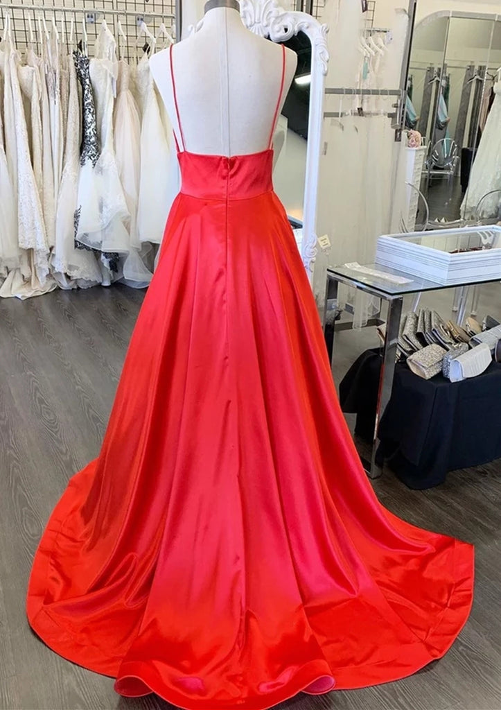 Simple A Line V Neck Backless Red Long Prom Dresses