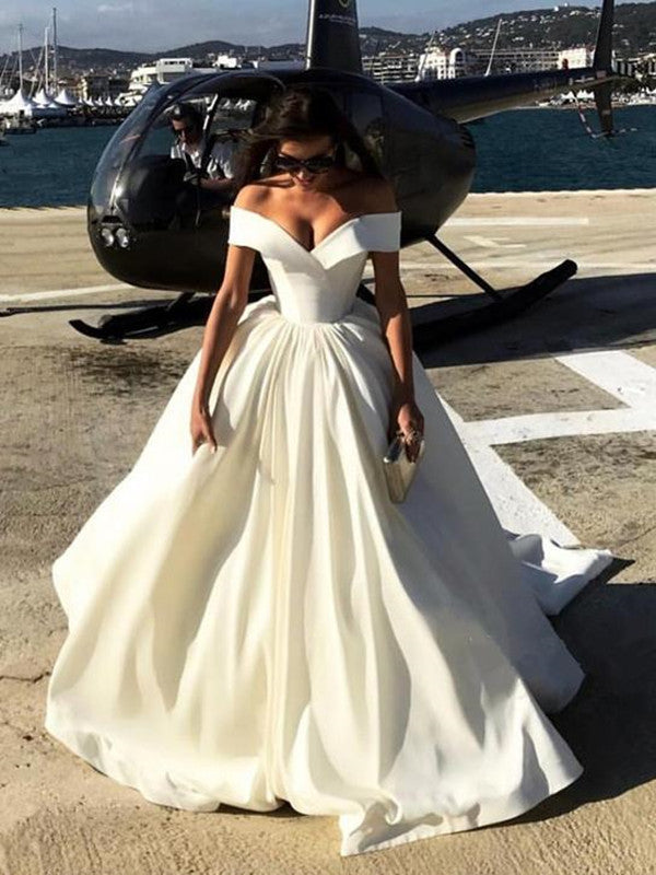 white satin off the shoulder dress