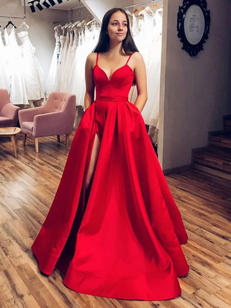 red satin long prom dress