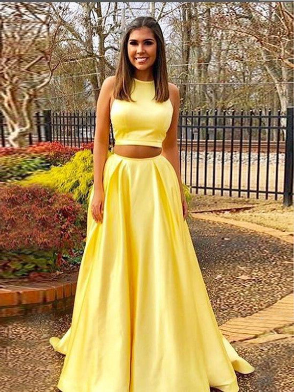 Simple Round Neck Two Pieces Yellow Prom Dresses, Yellow Satin Long Fo ...