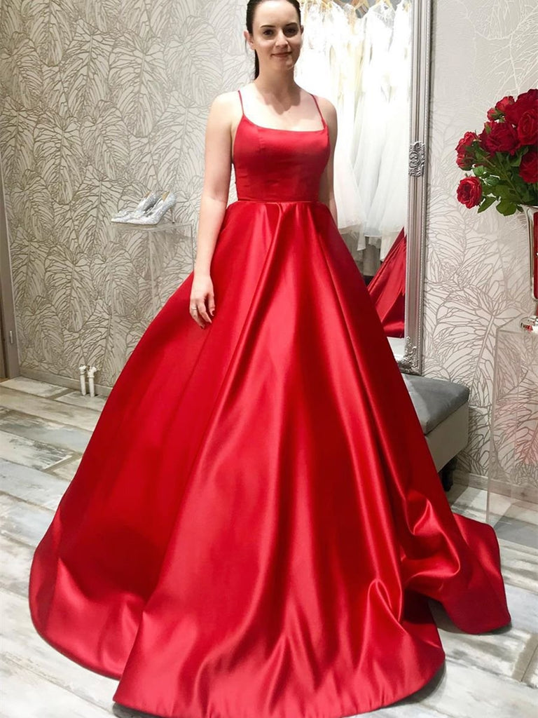 Simple Spaghetti Straps Long Backless Red Prom Dresses 2020