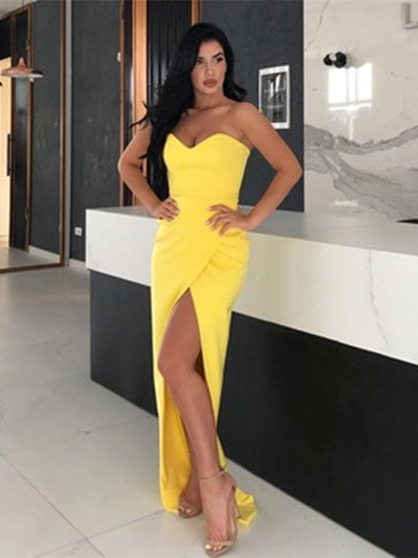 Simple Yellow Sweetheart Neck Satin Long Prom Dresses with Slit, Yello ...
