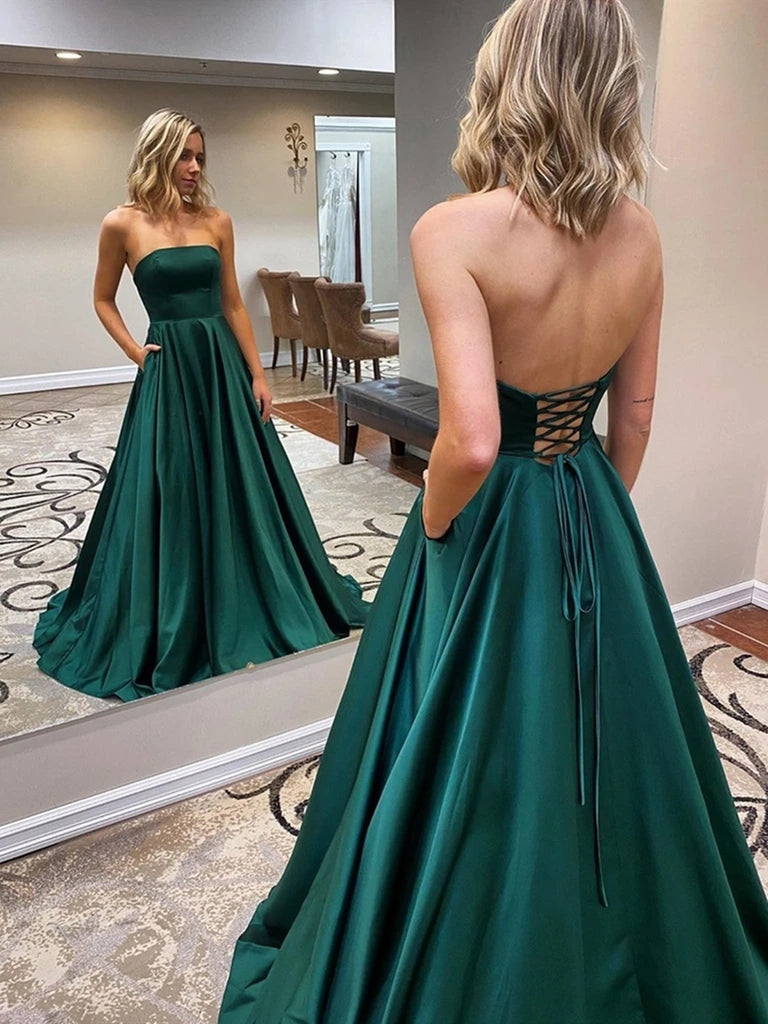 Strapless Backless Emerald Green Long Prom Dresses with Pocket, Backle