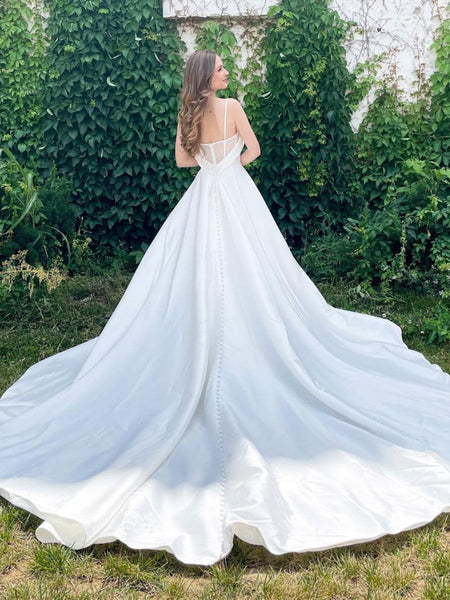 Sweetheart Neck Open Back White Long Prom Wedding Dresses with Train ...