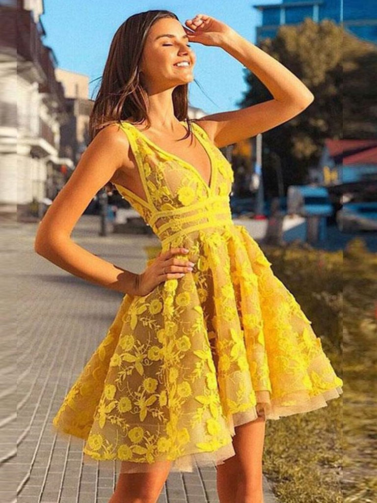 Unique V Neck Lace Appliques Yellow Short Prom Dresses Homecoming Dres ...