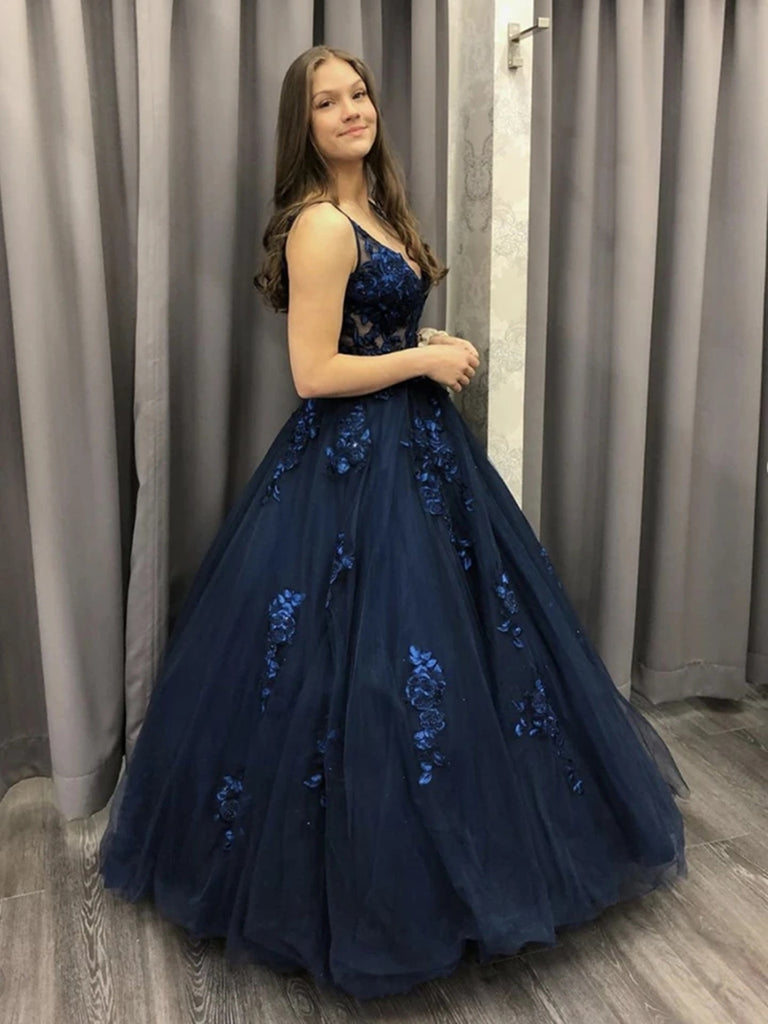 dark blue long prom dress