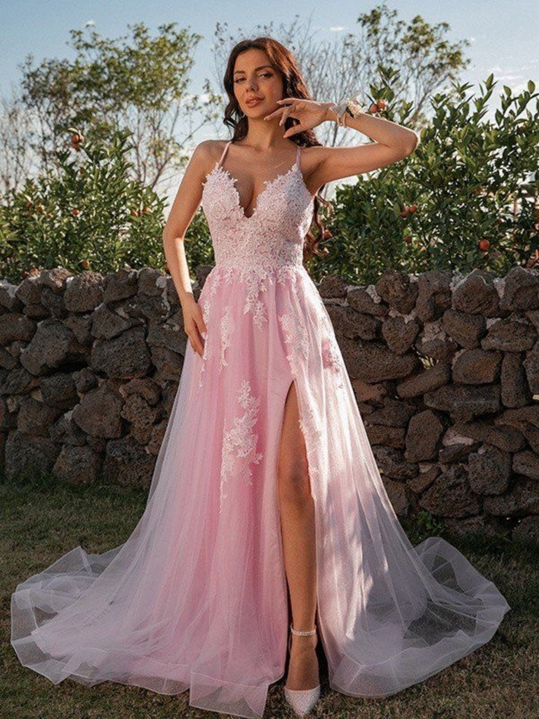 V Neck Open Back Pink Lace Long Prom Dresses Pink Lace Formal Dresses Shiny Party 1386