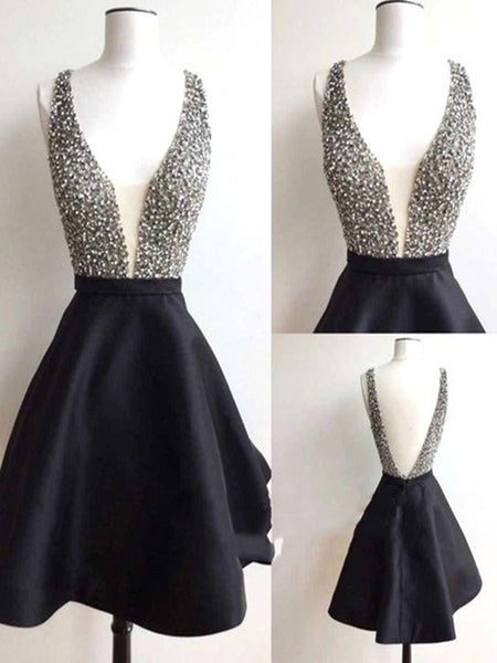 V Neck Short Black Prom Dresses with Beaded Bodice, Short Black Homeco ...