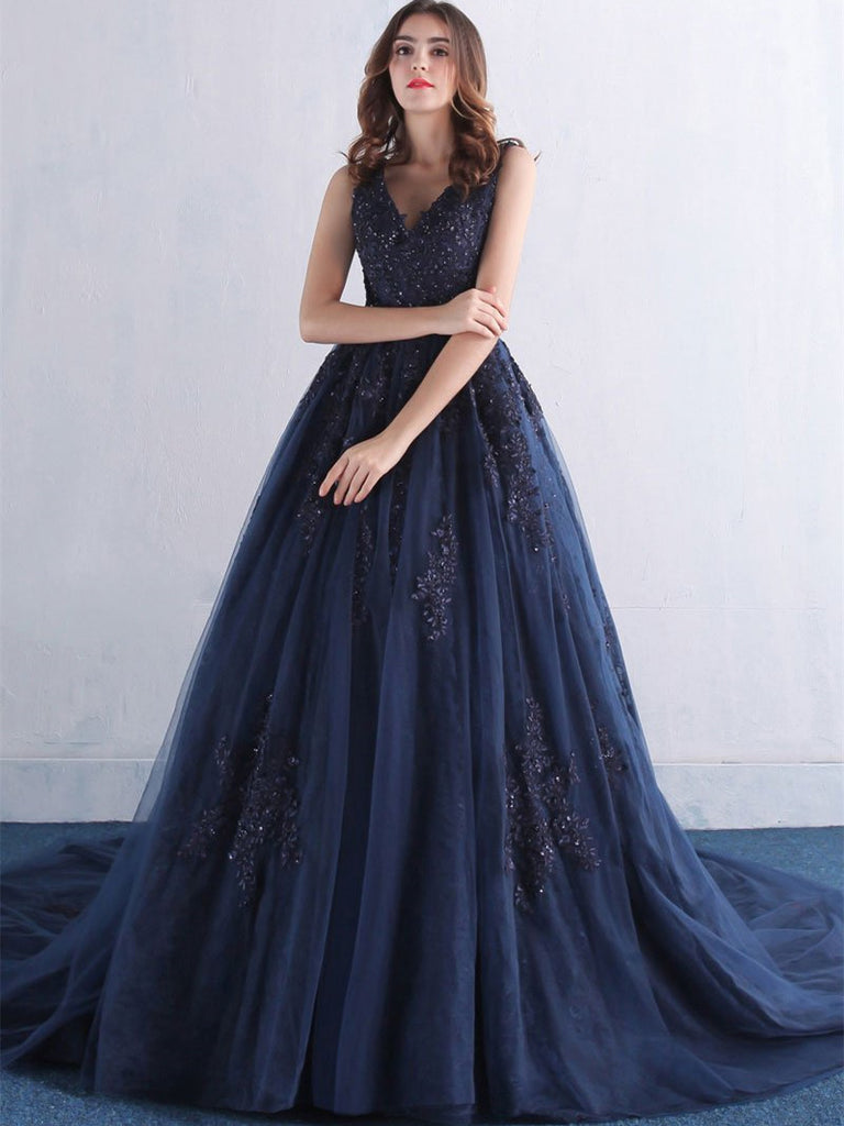 V Neck Dark Blue Lace Prom Dress, Blue Prom Dress, Blue Evening Dress ...