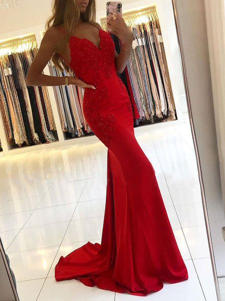 V Neck Mermaid Backless Lace Beaded Red Long Prom Dresses Mermaid Red Shiny Party 7055