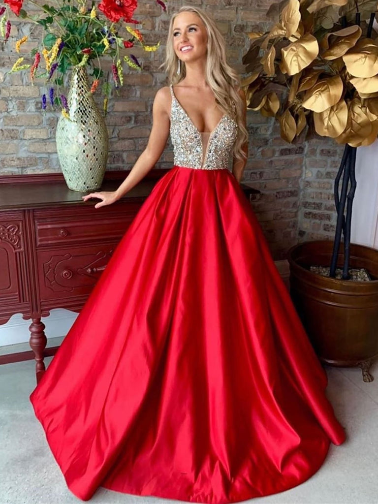 V Neck Red Long Prom Dresses 2020 with Silver Sequins, V Neck Red Form ...