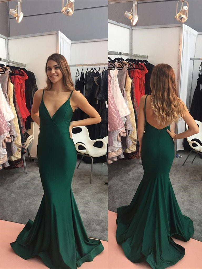 satin emerald green prom dress