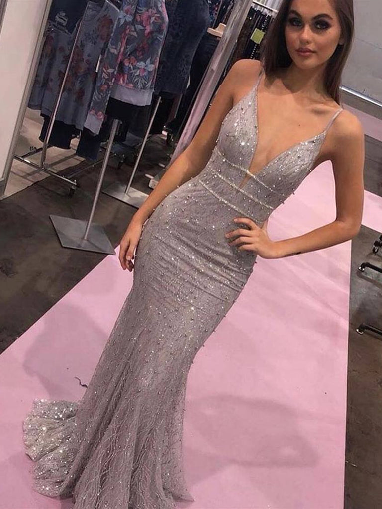 V Neck Spaghetti Straps Mermaid Long Lace Silver Grey Prom Dresses wit ...