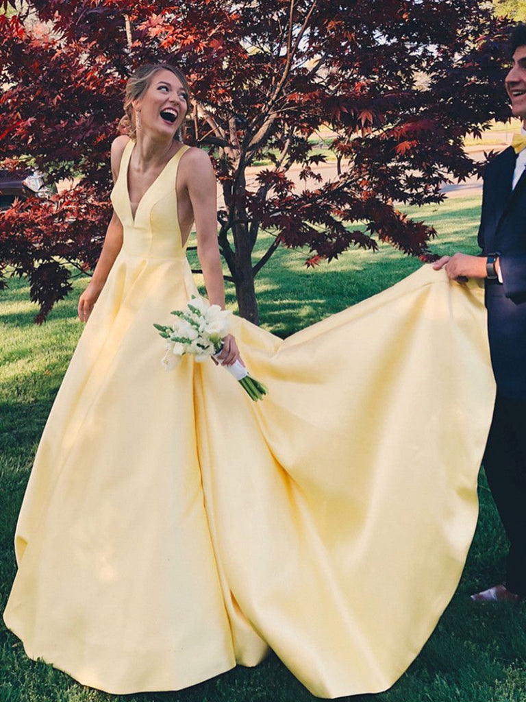 Yellow A Line V Neck Satin Long Prom Dresses V Neck Backless Yellow S Shiny Party 4168