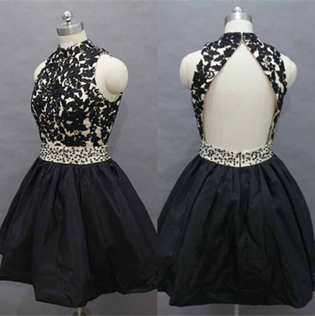 Round Neck Backless Black Short Lace Prom Dresses, Short Lace Graduati ...