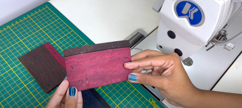 sewing a vegan wallet card holder case with natural cork fabric, a cruelty free alternative to leather