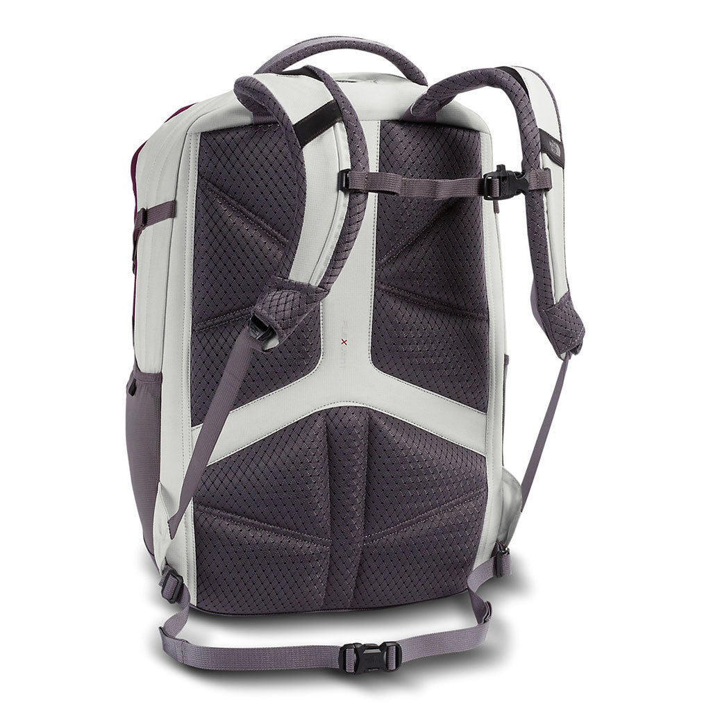 white and pink north face backpack