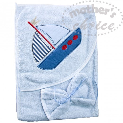 100% COTTON INFANTS HOODED TOWEL & FACECLOTH 'BOAT'