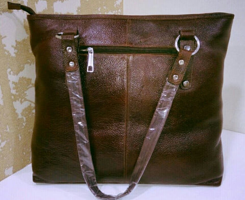 100% Genuine Buffalo Leather Strapped Everyday Handbag - Champagne Brown
