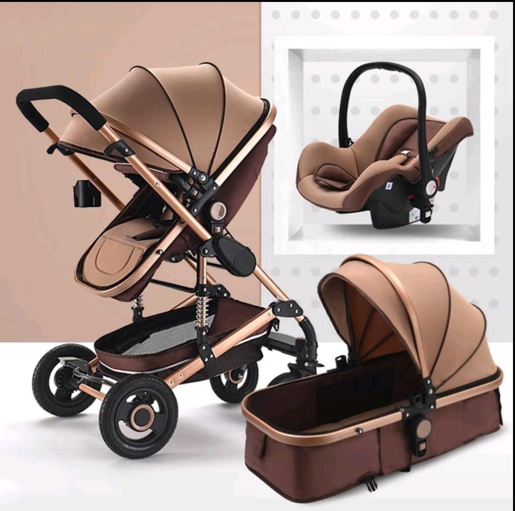 Baby Pram Stroller 3 Function Foldable Baby Pram With Car Seat Khaki Chocolate