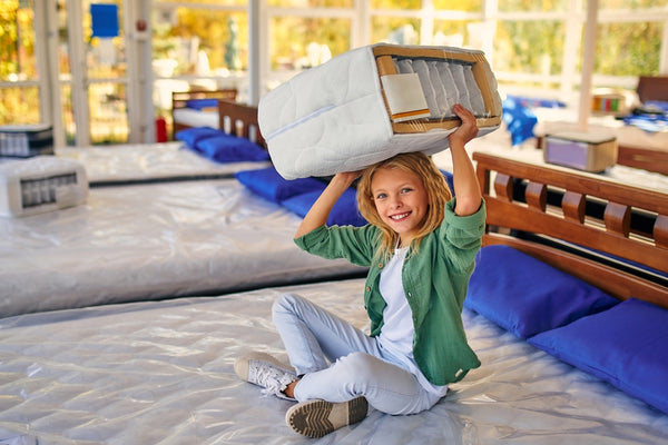 Child examines mattress composition with innerspring for improved sleep quality holding cutaway sample in bed store