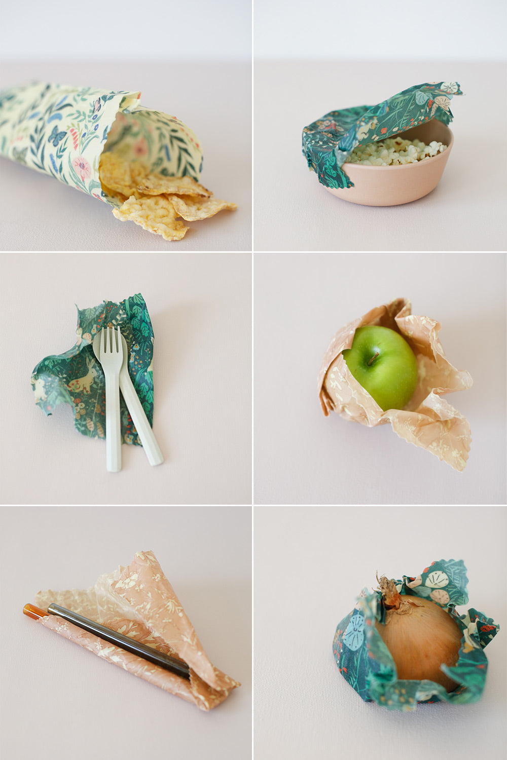 Beeswax wraps used in 6 different ways to wrap snacks, bowls, fruits, veggies, utensils and glass straws in a grid format.
