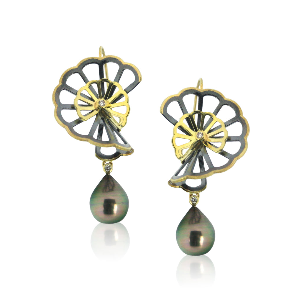 Karin Jacobson Jewelry Chrysanthemum Fold Origami earrings with tahitian black pearls