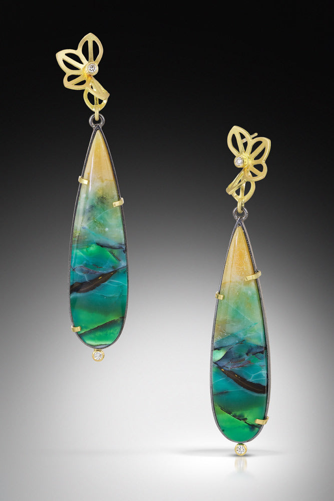 Karin Jacobson Design Opalized Wood Drop Earrings - 18k yellow gold and diamond folded flowers on top and colorful opalized wood drop shaped cabochons on the bottom