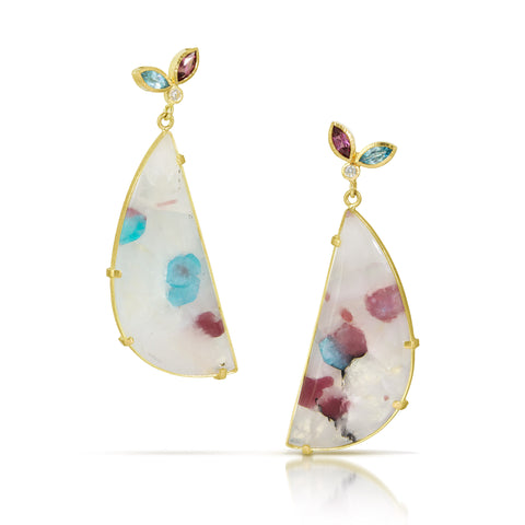 Karin Jacobson Jewelry Design paraiba tourmaline in quartz matrix flower earrings with rhodolite garnet, blue zircon, and diamond flower tops in 18k gold shown on white background